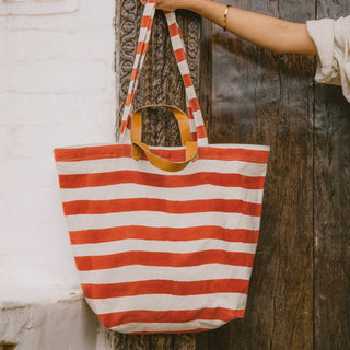 Carryall Canvas Tote - Large Cinnamon Stripe Print - JOYN