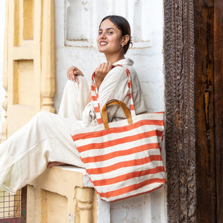 Carryall Canvas Tote - Large Cinnamon Stripe Print - JOYN